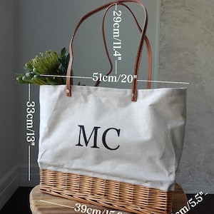 Customized striped Linen Rattan Bag, Leather Handle, Beige