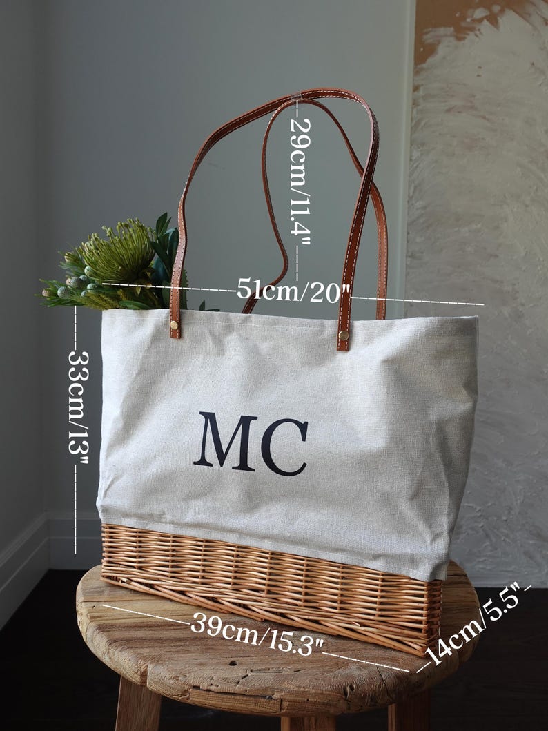Customized striped Linen Rattan Bag, Leather Handle, Beige