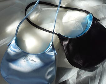 Personalized Satin Crescent Bag, Custom Name Shoulder Bag, Mini Hobo Bag, Bridesmaid Gift, Silk Moon Bag, Elegant Evening Bag, Blue or Black