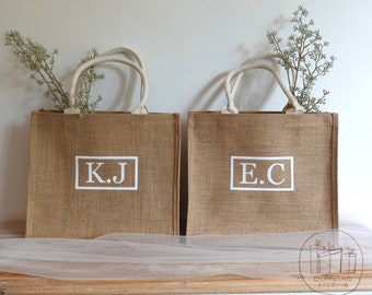 Personalised Monogram Tote Bag, Jute Bag, Custom Jute Carryall, Name Bag, Bridesmaid Gift, Bachelorette Party, Beach Bag, Hens Party Bag J01