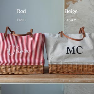Customized striped Linen Rattan Bag, Leather Handle, image 7