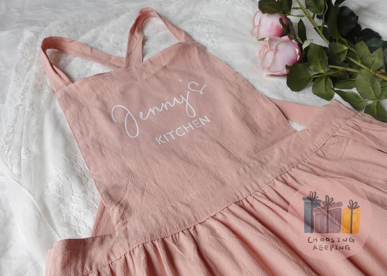 Personalized Apron, Apron Dress for Women, Natural Linen Cotton Apron, Gift for Her , Garden Aprons, Mom Gift, Cross Back, Mum Birthday Gift image 7