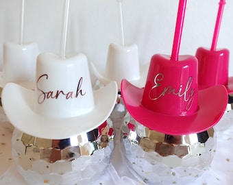 Cowboy Hat Disco Ball Cup with Clear Straw, Bachelorette Party Tumbler, Bridal Party Favors, Bridesmaid Gifts,  Disco Party, Custom Gift