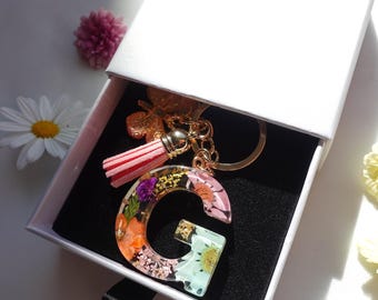 Floral Floral Resin Initial Keychain with Butterfly & Tassel