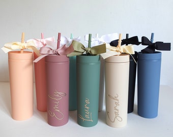 Personalised Skinny Tumbler with straw, Double wall 16oz drink bottle, Bridesmaid Gifts, Gift for Her, Bachelorette Party Gift, Custom gift