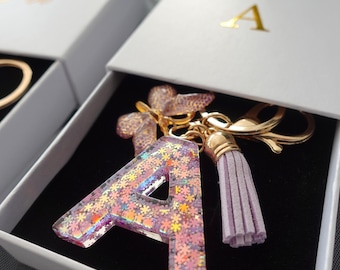Custom Handmade Resin Letter Keychain, School Backpack Charm, Flower Girl gift, Bridesmaid Gift, Birthday Party Gift, Initial keychains