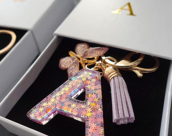 Custom Handmade Resin Letter Keychain, School Backpack Charm, Flower Girl gift, Bridesmaid Gift, Birthday Party Gift, Initial keychains