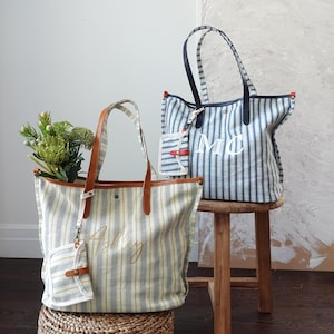 Personalized Striped Tote Bag with  Leather Handles – Custom Name Initials Bag, Large  Beach or Travel Bag, Teacher Gift, Personalised Gift