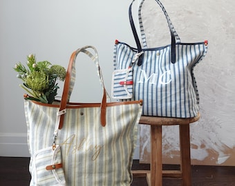 Bolso tote de rayas personalizado con asas de cuero: bolso con iniciales personalizadas, bolso grande de playa o de viaje, regalo para profesores, regalo personalizado.