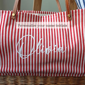 Customized striped Linen Rattan Bag, Leather Handle, image 3