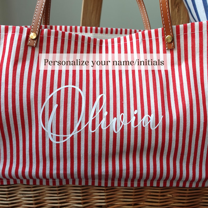 Customized striped Linen Rattan Bag, Leather Handle, image 3