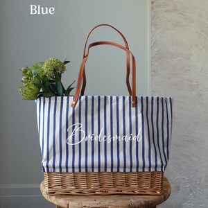 Customized striped Linen Rattan Bag, Leather Handle, Blue