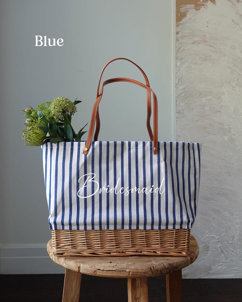 Customized striped Linen Rattan Bag, Leather Handle, Blue