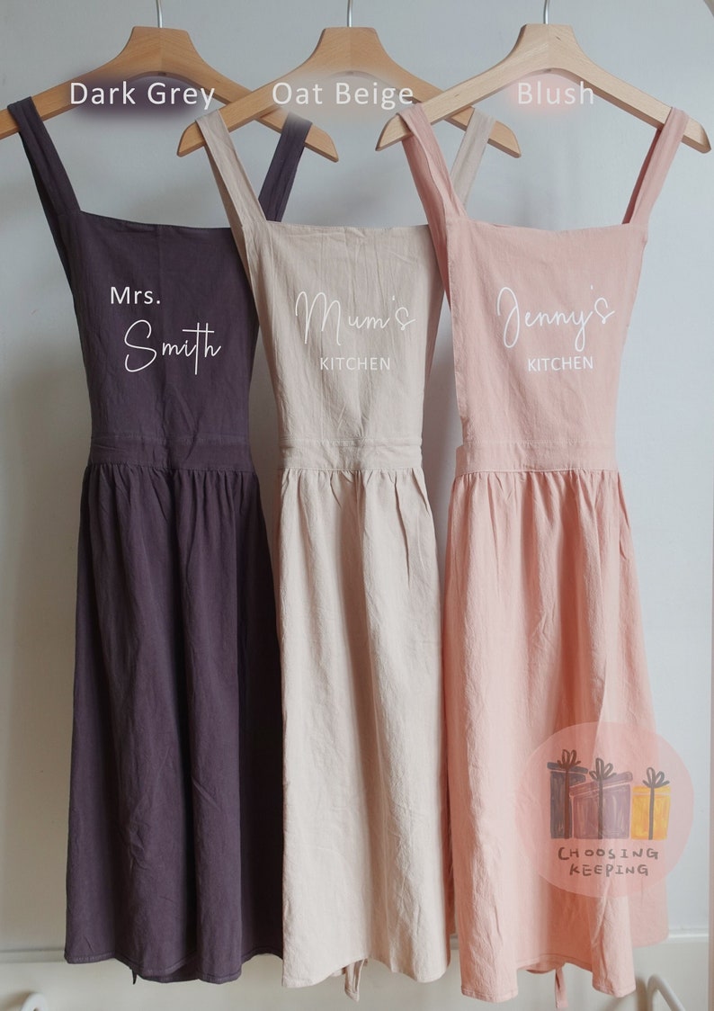 Personalized Apron, Apron Dress for Women, Natural Linen Cotton Apron, Gift for Her , Garden Aprons, Mom Gift, Cross Back, Mum Birthday Gift image 1