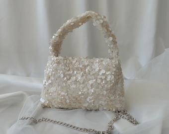 Minibolso blanco de lentejuelas, bolso de mano nupcial con cuentas, bolso de mano para bodas, regalo para damas de honor, bolso de noche con cadena, bolso de hombro color marfil perlado, formal