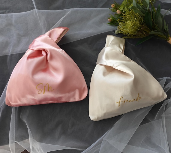 Personalisierte Seide Knot Tasche, Name Clutch für Brautjungfern,  Hochzeitsgeschenk, Japanische Tasche, Abendtasche, Seidentasche, Brauttasche
