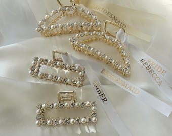 Presilha de cabelo com pérolas e strass, acessório para noivas, opção de fita personalizada.