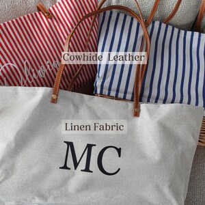 Customized striped Linen Rattan Bag, Leather Handle, image 4