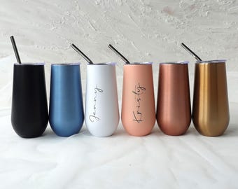Personalised 6oz Champagne Tumbler with straw, Stainless Flute Wine Glass