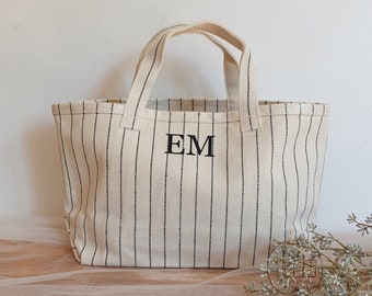 Striped Canvas Bag， Bridesmaid Gift, Personalized Gift, Gift For Her, Canvas Tote Bag, Beach Bag,  Wedding, Monogram Bag, Teacher Gift, B03