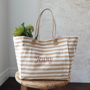 Personalisierte Großraum-Einkaufstasche mit Stickerei, bestickter Einkaufstasche, gestreifter Beutel, individuelles Geschenk, Bachelorette-Tasche, Brautjungfer-Tasche