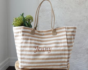 刺繍入りパーソナライズ大容量ショッピングバッグ、刺繍入りトートバッグ、ストライプバッグ、カスタムギフト、独身パーティーバッグ、ブライズメイドバッグ