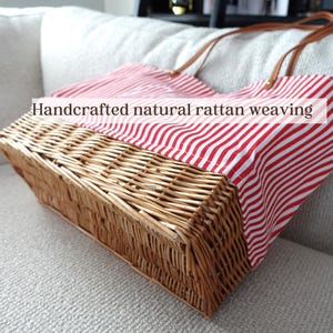 Customized striped Linen Rattan Bag, Leather Handle, Red