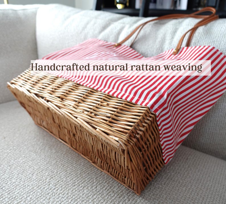 Customized striped Linen Rattan Bag, Leather Handle, Red