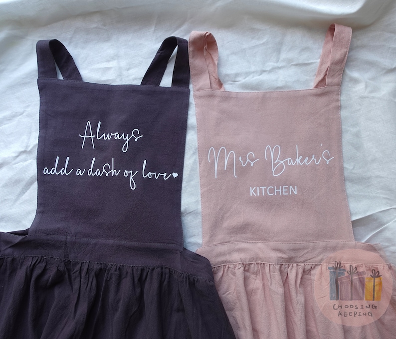 Personalized Apron, Apron Dress for Women, Natural Linen Cotton Apron, Gift for Her , Garden Aprons, Mom Gift, Cross Back, Mum Birthday Gift image 4