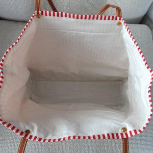 Customized striped Linen Rattan Bag, Leather Handle, image 9