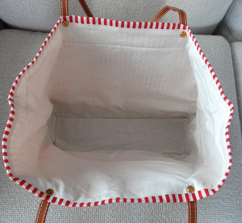 Customized striped Linen Rattan Bag, Leather Handle, image 9