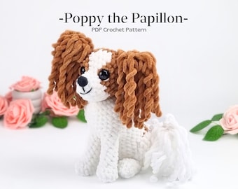 パピヨンかぎ針編みパターン、あみぐるみ小型犬、ファレーヌ子犬、蝶の