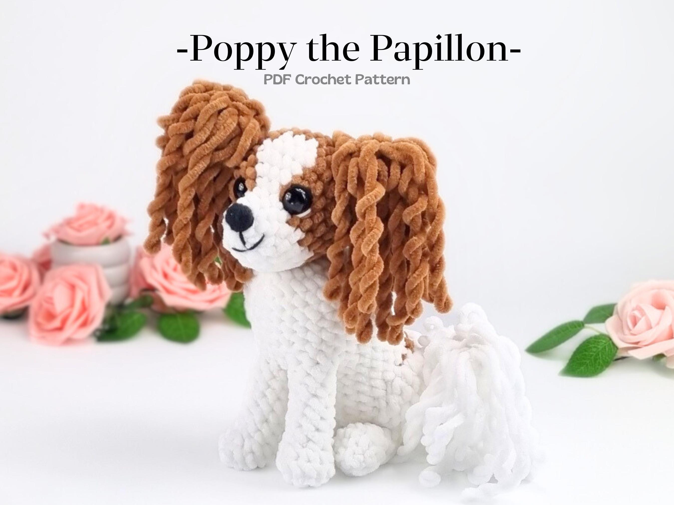 パピヨンかぎ針編みパターン、あみぐるみ小型犬、ファレーヌ子犬、蝶の
