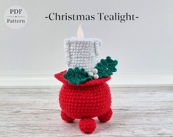 Crochet Christmas Tealight, Red candle holder, PDF crochet pattern, Crochet candle, Cute Christmas crochet pattern