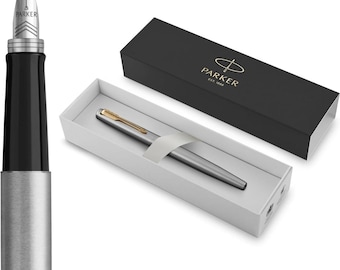 Parker Jotter Fountain Pen, Stainless Steel Gold Trim Steel Body, Medium Point, Blue Ink, Includes Gift Box
