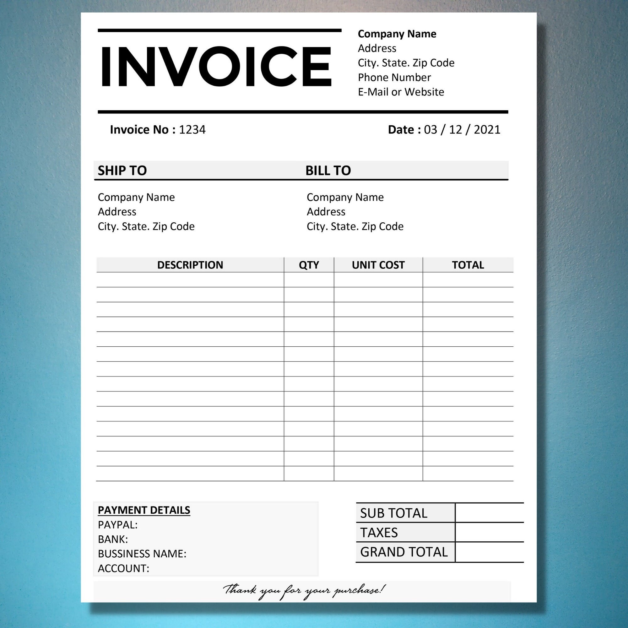 printable invoice template invoice template editable google etsy