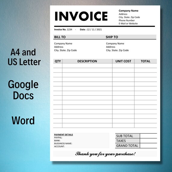 invoice template editable printable invoice template google etsy