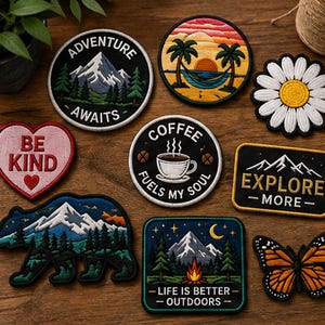 May include: A collection of embroidered patches featuring various designs including a mountain landscape with text ADVENTURE AWAITS, a beach scene, a white daisy, a heart with BE KIND, a coffee cup with COFFEE FUELS MY SOUL, a bear, a campfire scene, and a butterfly.
