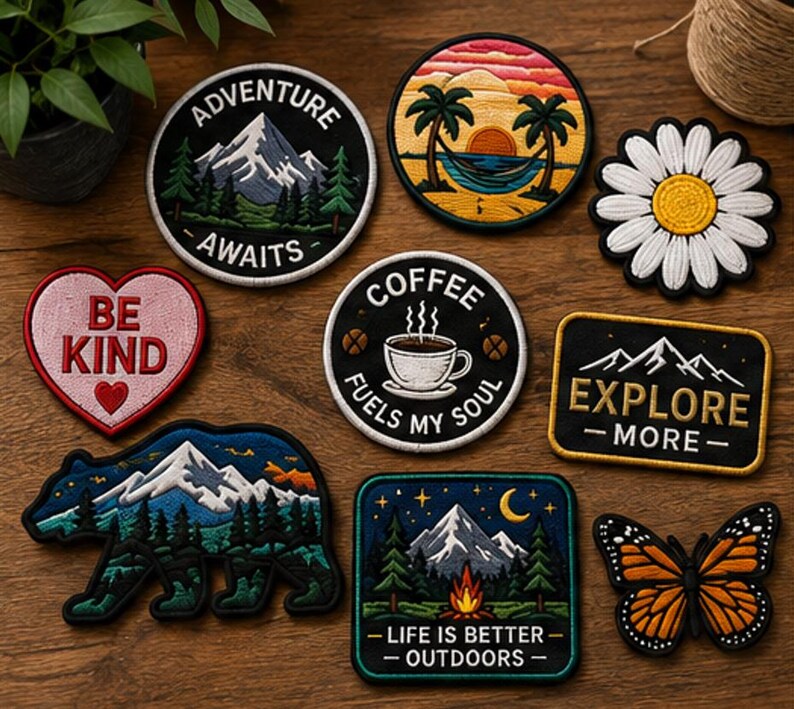 May include: A collection of embroidered patches featuring various designs including a mountain landscape with text ADVENTURE AWAITS, a beach scene, a white daisy, a heart with BE KIND, a coffee cup with COFFEE FUELS MY SOUL, a bear, a campfire scene, and a butterfly.
