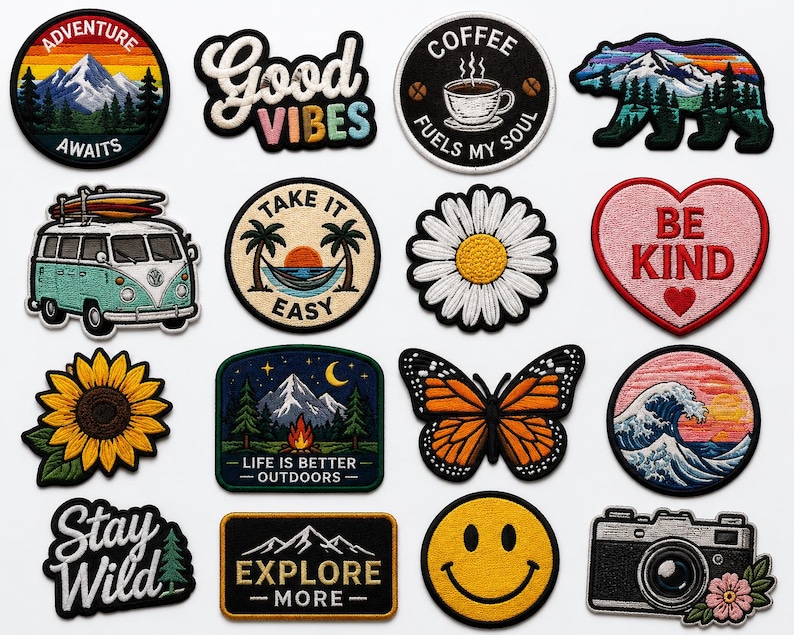 May include: A collection of sixteen embroidered patches featuring various designs including a mountain landscape with text Adventure Awaits, a Good Vibes script, a coffee cup, a bear silhouette, a camper van, a hammock, flowers, a heart with Be Kind, a butterfly, a wave, a camera, and a smiley face.