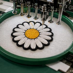 May include: An embroidery machine with multiple needles stitching a daisy design onto white fabric held in a green circular hoop. The flower features a textured yellow center, white petals, and a thick black outline, with thin threads visible.
