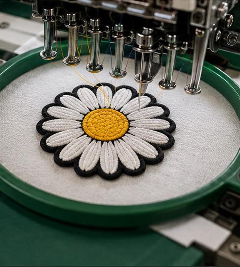 May include: An embroidery machine with multiple needles stitching a daisy design onto white fabric held in a green circular hoop. The flower features a textured yellow center, white petals, and a thick black outline, with thin threads visible.