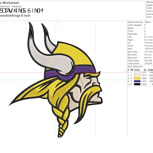 May include: A 6-inch embroidery design of the Minnesota Vikings logo. The logo features a purple and yellow horned helmet with a fierce Viking face.