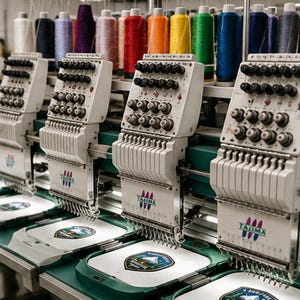 May include: A row of Tajima industrial embroidery machines with white casings and multiple needle heads. Each machine is positioned over a white fabric hoop featuring a mountain-themed patch. A rack of colorful thread spools sits above.