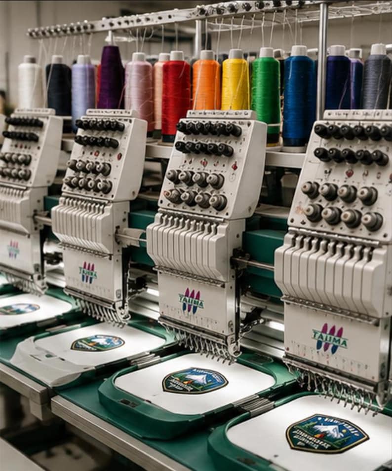 May include: A row of Tajima industrial embroidery machines with white casings and multiple needle heads. Each machine is positioned over a white fabric hoop featuring a mountain-themed patch. A rack of colorful thread spools sits above.