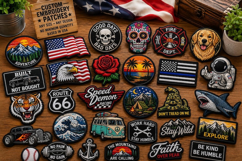May include: A collection of various embroidered patches featuring diverse designs including a skull, a rose, a golden retriever, an astronaut, a shark, a tiger, a camper van, mountains, and American flags, with a wooden sign reading Custom Embroidery Patches.
