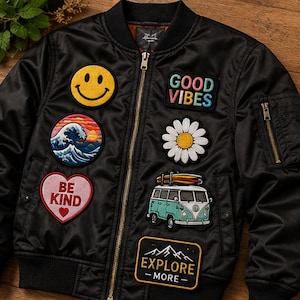 May include: A black bomber jacket featuring a front zipper and various embroidered patches, including a yellow smiley face, a wave, a heart with the text BE KIND, the text GOOD VIBES, a white daisy, a teal van, and a mountain graphic with EXPLORE MORE.