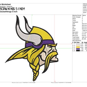 May include: A purple and gold Minnesota Vikings logo embroidery design. The design features a Viking helmet with horns, a beard, and a purple and gold background. The text "Minnesota Vikings 5 inch" is included in the design.