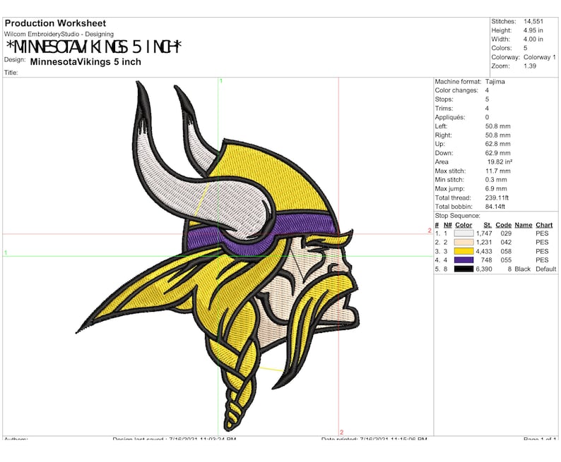 May include: A purple and gold Minnesota Vikings logo embroidery design. The design features a Viking helmet with horns, a beard, and a purple and gold background. The text "Minnesota Vikings 5 inch" is included in the design.