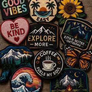 May include: A collection of embroidered patches featuring various designs including a sunflower, a monarch butterfly, a coffee cup with the text COFFEE FUELS MY SOUL, a heart with BE KIND, and mountain landscapes with text like EXPLORE MORE.